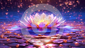 Light glowing lotus flower with pink illumination spiritual awakening enlightment meditation, wedding invitations, package. photo