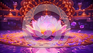 Light glowing lotus flower with pink illumination spiritual awakening enlightment meditation, wedding invitations, package. photo