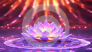 Light glowing lotus flower with pink illumination spiritual awakening enlightment meditation, wedding invitations, package. photo