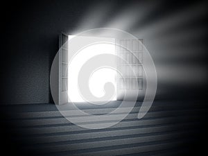 Light glowing from the open door at the dark. 3D illustration