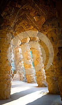 Light goes through the columns at a famous park in Barcelona, Spain.