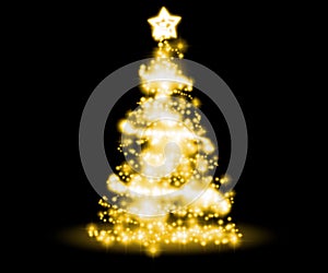 light gold christmas tree lights with snowflakes and yellow stars overlay pattern on black