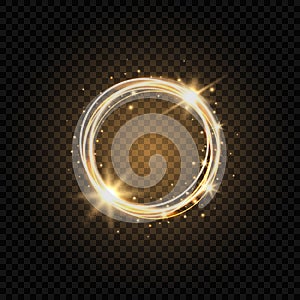 Light golden circle banner. Abstract light background. Glowing gold circle frame with sparkles and stars. Glowing magic
