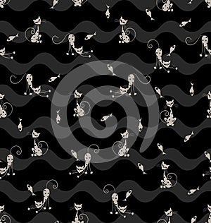 Light gray cats with black peas and fish on a black background with waves.