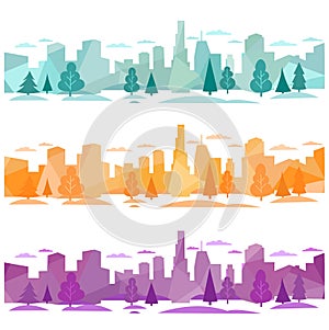 Light gray cityscape background. City buildings with trees at park view. Vector illustration horizontal wallpaper