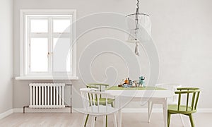 Light gray mock up wall, green white dining table and chairs with large window and radiator, Scandinavian style