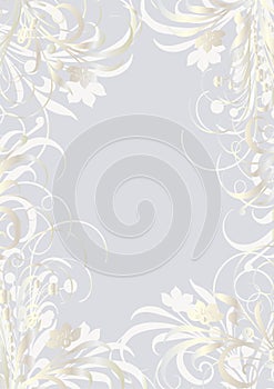 Light gray solemn background with floral ornament with graceful curls and flowers. Background for wedding invitations