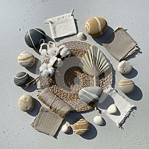 On a light gray surface features a woven round placemat at the