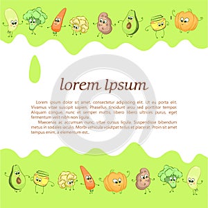 Light green background with baby characters vegetables and baby food bank, outline with colored fillings