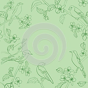 light green background with birds on tree. Vector banner. Floral illustration. Spring garden