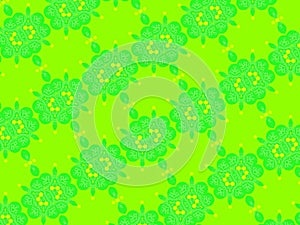 Light green background, darker green abstract flowers in a row and yellow circles