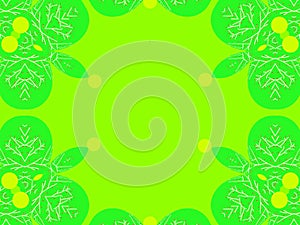 Light green background, darker green abstract leaves in the corners and yellow circles