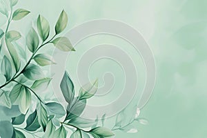 Light green background with delicate light leaves designs, hand drawn, soft tones, space for text.