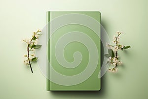 Light green Book book cover mockup and some white flowers on a blue background.