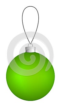 Light green Christmas ball hanging on a thread isolated on a white background.