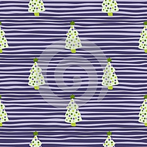 Light green christmas doodle tree toy seamless pattern. Purple and blue striped background. Holiday creative ornament