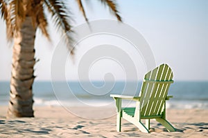 Light green deck chair in vintage style on a tropical beach. Sun lounger made of wood. Summer vacation card desigh