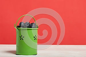 Light green decorative bucket with large blueberries. International day without diets. On a coral background. Close-up