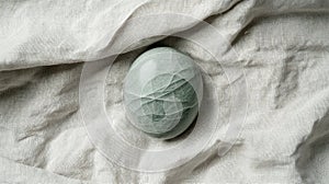 A light green gemstone rests on a white fabric. photo
