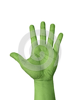 Light green hand show five finger isolated on white background,