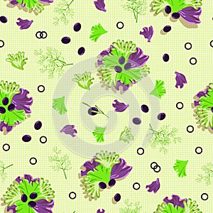 Seamless food pattern with light green linen texture. Green lettuce,dill, Radicchio lettuce leaf, black olives
