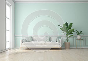 Light green living room with sofa. Scandinavian interior design. 3D illustration