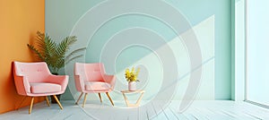 Light green, peach and blue pastel colors, cute cozy interior composition with soft armchairs