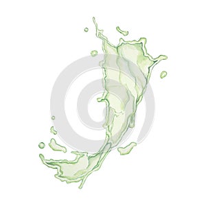 Light green wave, liquid fluid splash. Mint or lime juice swirl watercolor clipart. Herbal extract spill illustration