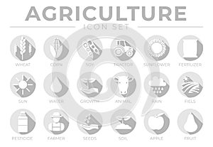 Light Grey Agriculture Round Icon Set of Wheat, Corn, Soy, Tractor, Sunflower, Fertilizer, Sun, Water, Growth, Weather, Rain,