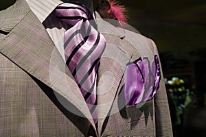 Light grey checkered jacket with purple tie