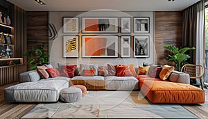 Light grey Interior Room Design: Comfortable orange Sofa with Pillows, framed pictures, Home plants with soft full wall window