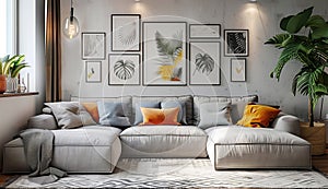 Light grey Interior Room Design: Comfortable Sofa with bright Pillows, Pendant Lamps, framed pictures, Home plants with soft