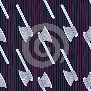 Light grey iron hatchets seamless stylized pattern. Warrior simple print with purple dark striped background