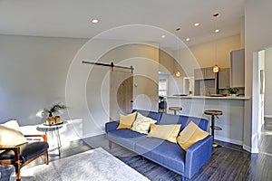 Light grey kitchen room interior and blue sofa