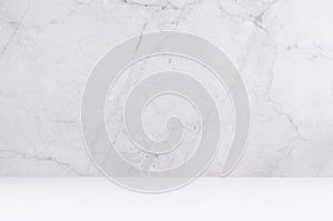 Light grey marble wall with white wood board as floor, empty interior for presentation, display, design.