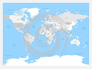 Light grey political World map on solid blue background. Vector illustration