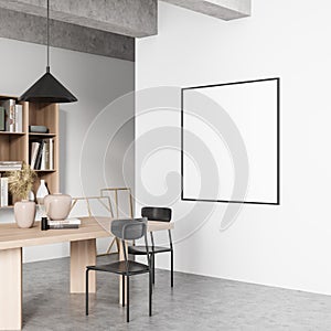 Light guest room interior with table and two chairs, shelf, mockup poster