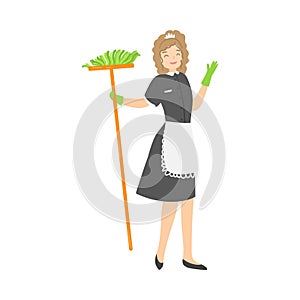 Light-haired housemaid in green rubber gloves posing with a mop. Vector illustration in flat cartoon style.
