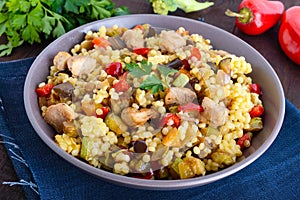 Light healthy dietary salad with couscous, vegetables