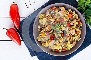 Light healthy dietary salad with couscous, vegetables