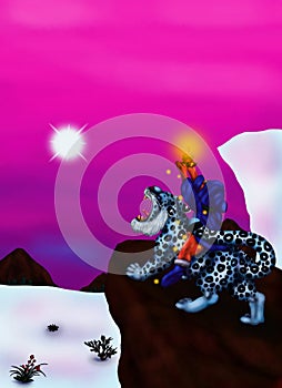 The Light of Hope 2021 - Triumph, divine boy riding his snow leopard and holding a candle in his arms