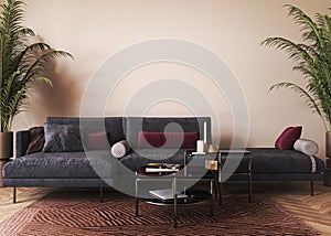 Light house interior design with black sofa, table and decor in coastal living room. Beige wall mock up. 3d render. High