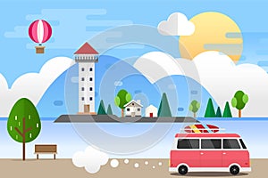 Light house in the Sea Landscape and Car Travel. Vector Illustration Flat Design Background