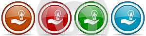 Light, idea, bulb glossy icons, set of modern design buttons for web, internet and mobile applications in four colors options