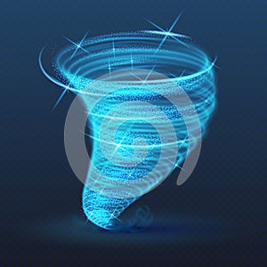 Light illuminated whirlwind, glowing tornado vector effect. Shining blizzard