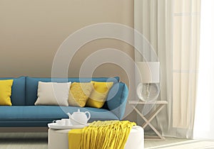 Light interior with blue sofa