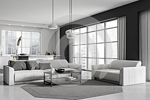 Light kitchen interior with couch and coffee table, panoramic window