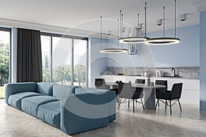 Light kitchen interior with couch and eating area, panoramic window