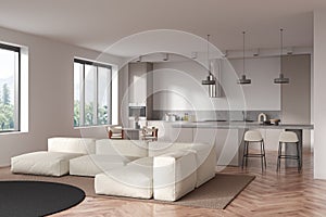 Light kitchen interior with couch and eating area, panoramic window