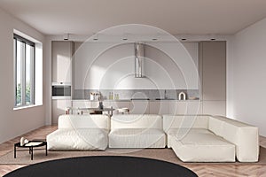 Light kitchen interior with couch and eating area, panoramic window